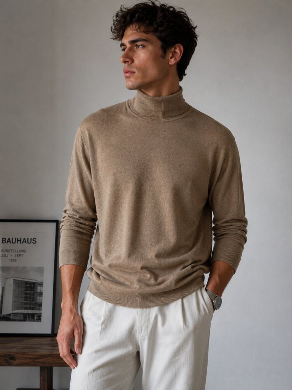 Vintage Cullen Men 100% Silk Turtleneck Sweater Medium Camel Beige Knit Pullover